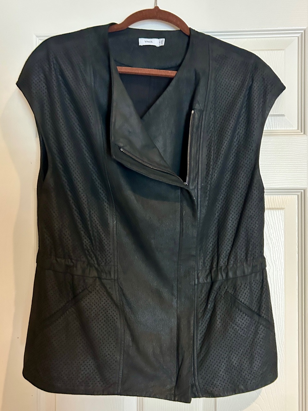 VINCE Black Sleeveless Leather Moto Vest